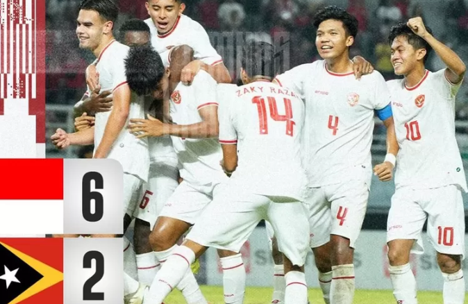 Garuda Muda merayakan kemenangan dalam laga Indonesia vs Timor Leste yang berakhir dengan 6-2 di ajang Asean U19 Championship 2024